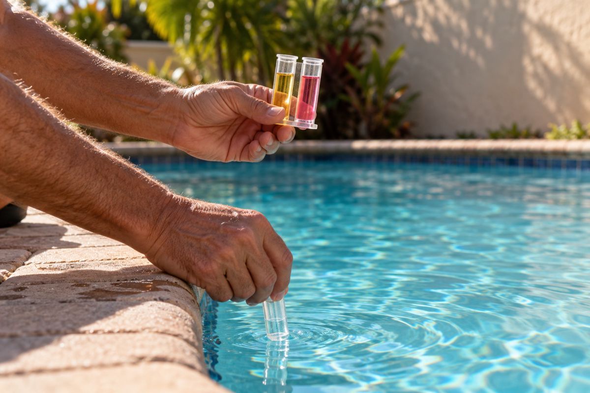 Hands holding pool water test vials beside the pool edge