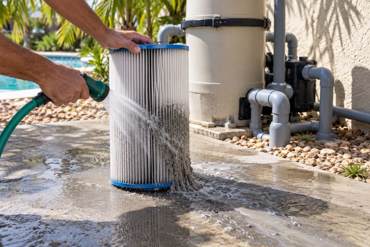 Cartridge pool filter being rinsed with a hose on concrete