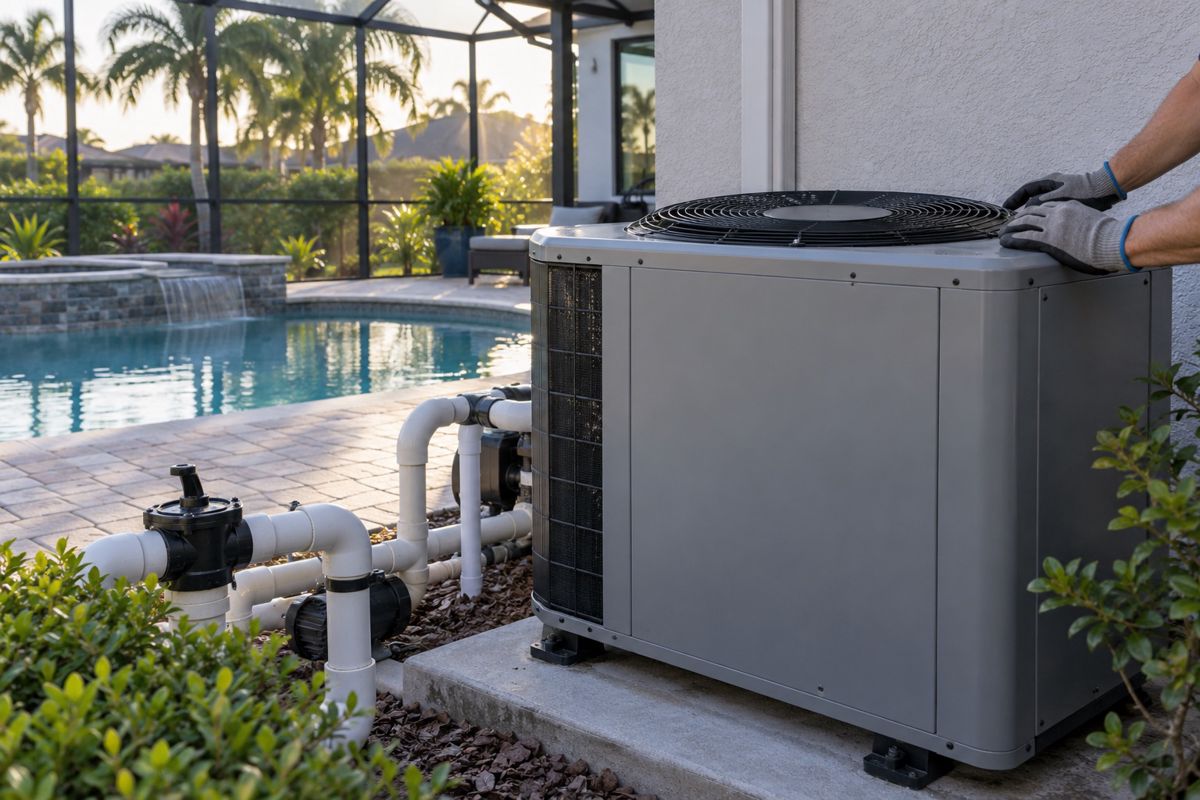 Pool heat pump unit beside a stucco home with lanai pool behind