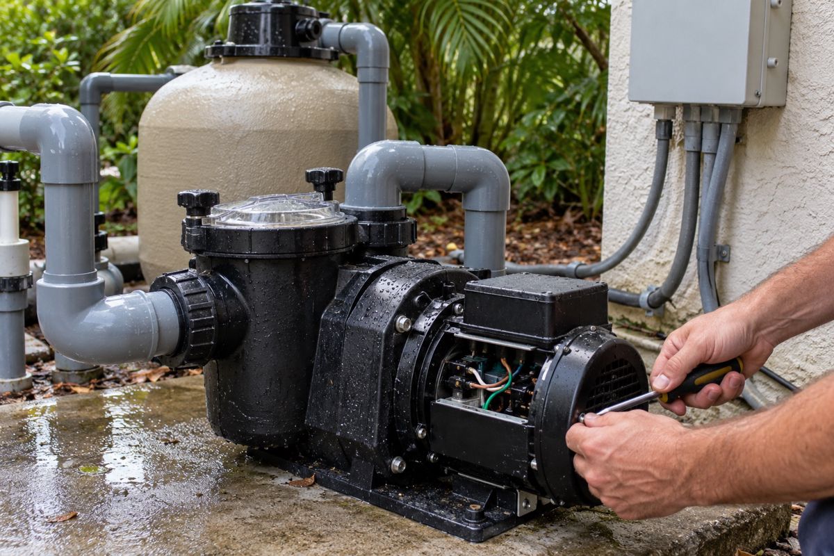 Technician's hands servicing a pool pump motor on an equipment pad