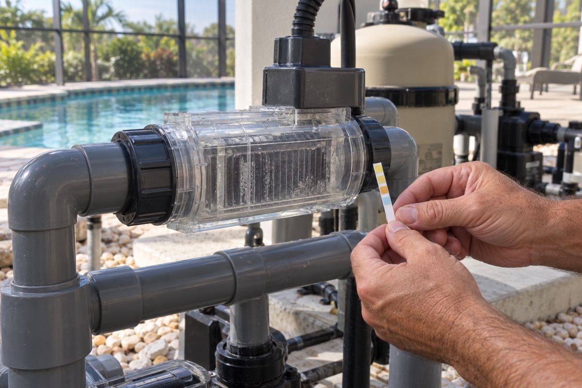 Salt chlorine cell on pool plumbing with a technician's hands