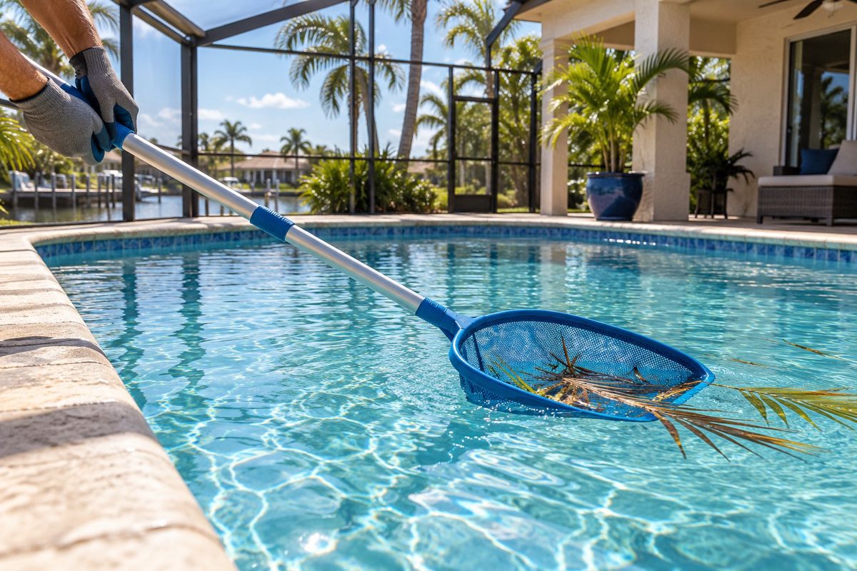 Hands skimming leaves from a clear pool with a long pole